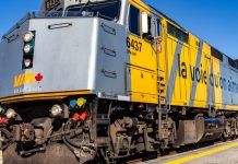 A VIA Rail Locomotive on the Railroad Tracks