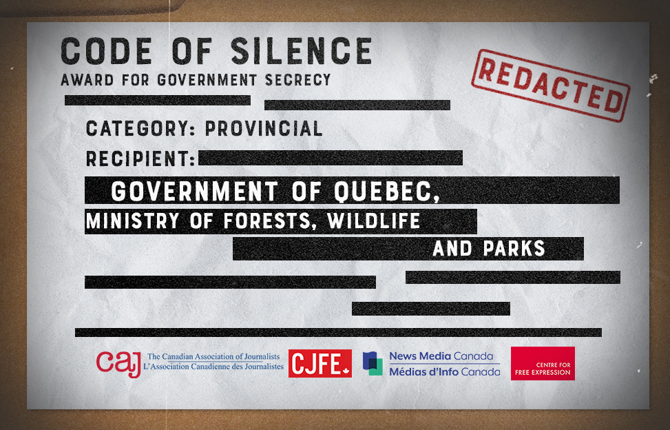Quebec Ministry of Forests, Wildlife and Parks recognized for 'Outstanding Achievement' in Government Secrecy
