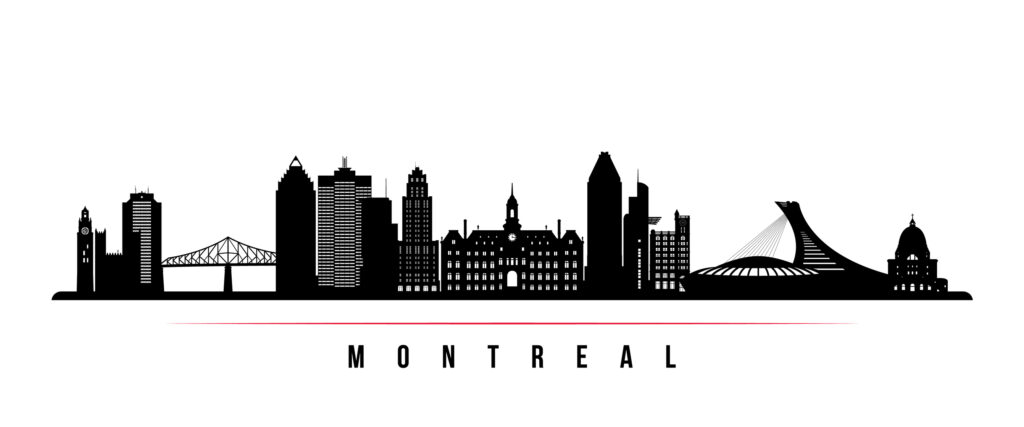 Montreal city skyline horizontal banner. Black and white silhouette of Montreal city, Canada. Vector template for your design.